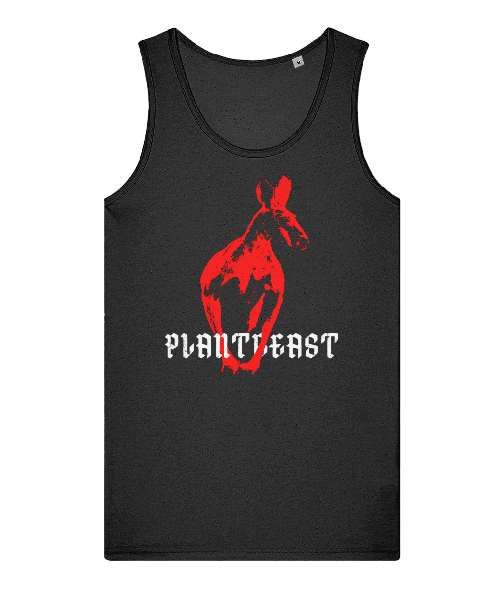 Plantbeast black tank top with red kangaroo graphic artwork and gothic text