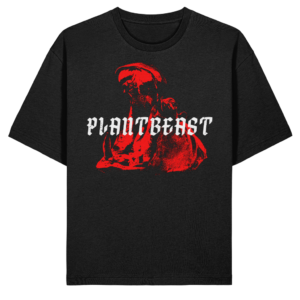 Plantbeast black t-shirt with red graphic hippo artwork and gothic text