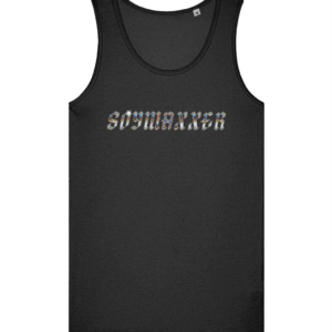 Plantbeast black tank top with SOYMAXXER modern gothic metalic text