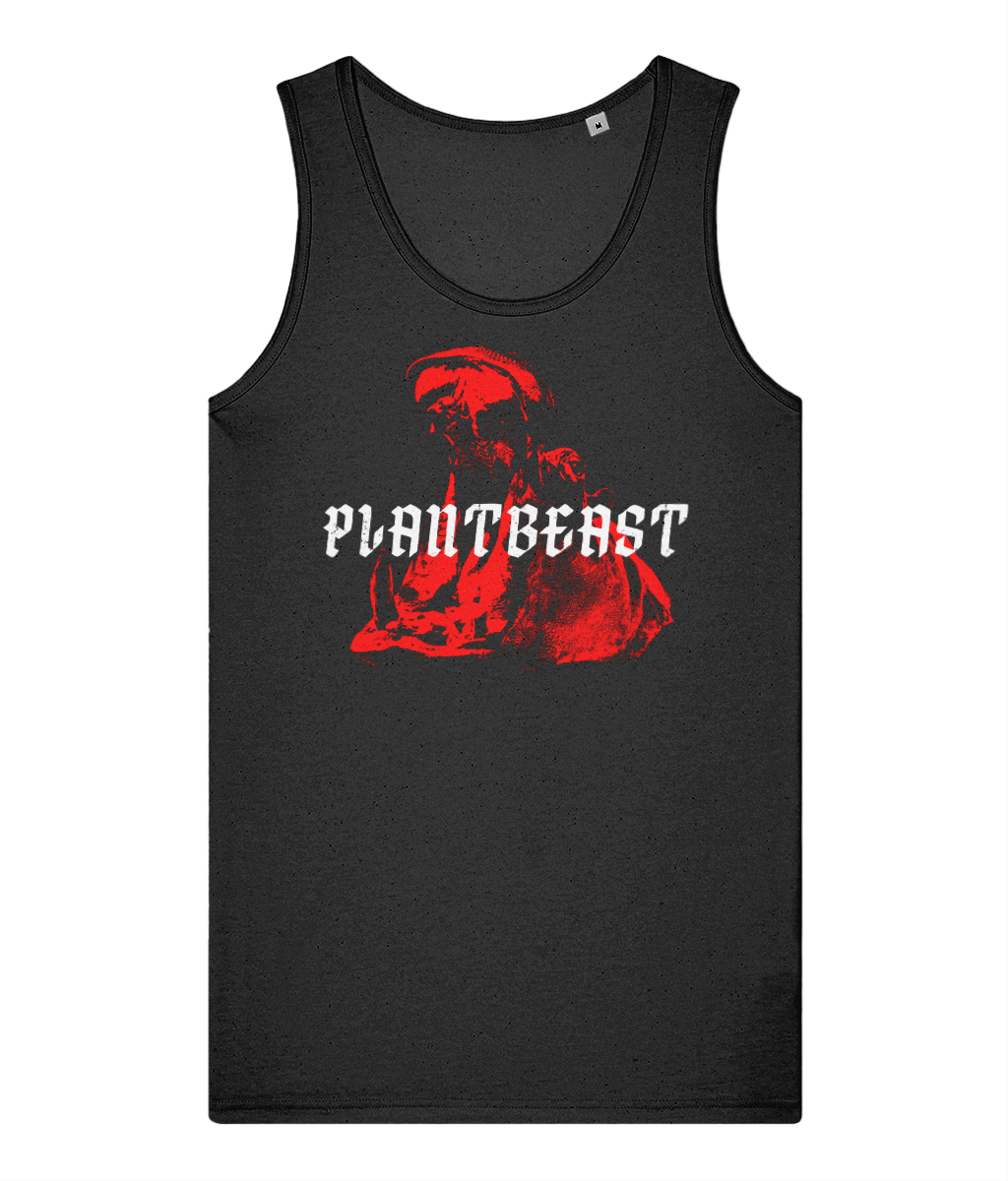 Plantbeast black tank top with red hippo graphic artwork and gothic text